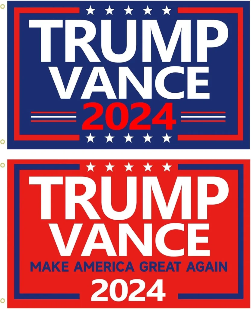  A set of two Trump Vance 2024 flags, one in red and one in blue, both with white text and "Make America Great Again" slogan. Ideal for showing support with patriotic colors.