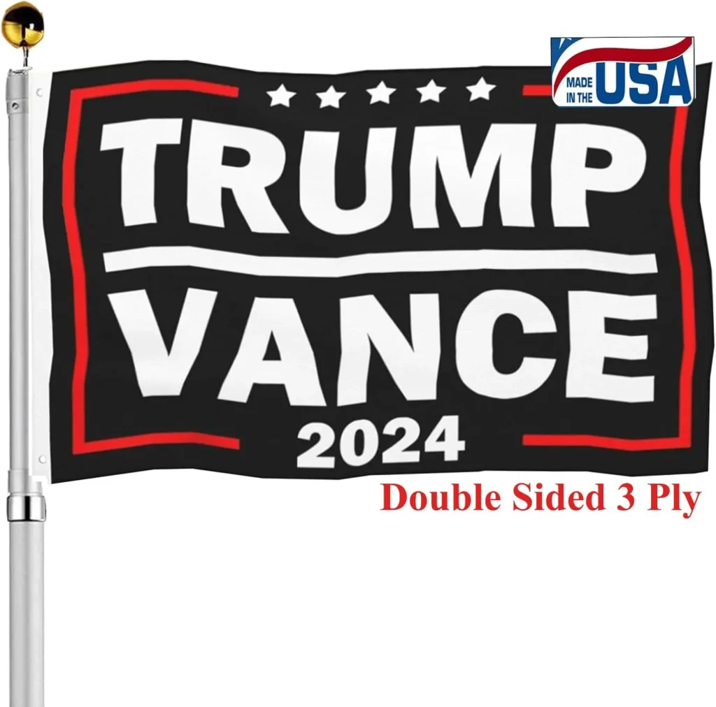  blue Trump Vance 2024 flag with white text, red border, and a "Made in USA" label in the top right corner. Double-sided and 3-ply for durability.