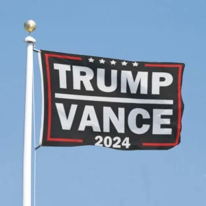 Trump Vance flag with a black background on a flag pole.