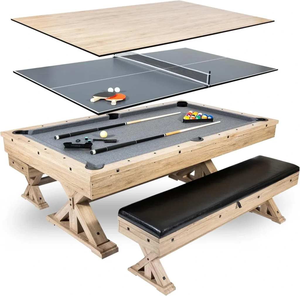 Versatile 7-foot 3-in-1 multi-game table with pool, dining, and table tennis features, includes storage benches and accessories.