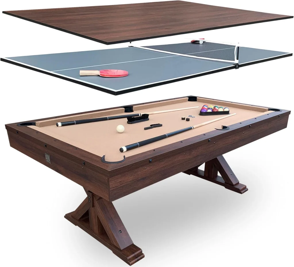 Freetime Fun Rockford 7-foot pool table with farmhouse style, pro-level K-66 cushions, and reversible top.