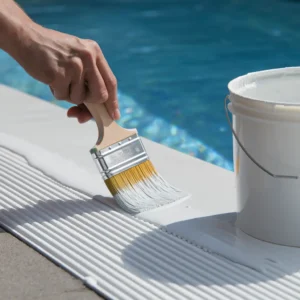 Close-up of a hand applying a protective white coating to a pool deck with a brush.