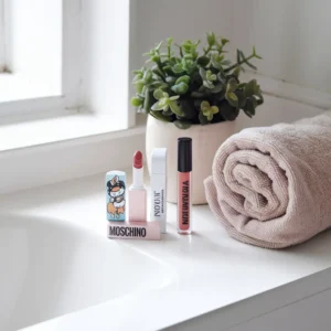 Stylish beauty products arranged on a bathroom counter with a rolled towel and potted plant.