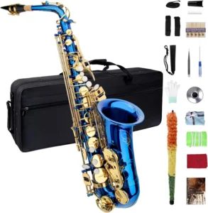 A blue and gold Eb Alto Saxophone with a full accessory kit, including a carrying case, cleaning tools, reeds, and a neck strap.