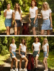 Four women posing in Ekouaer patterned active skorts, styled for casual wear or sports. Built-in shorts provide support and functionality.