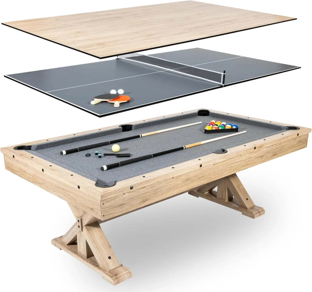 Bullet Blue 7-foot multi-game table with pool, air hockey, table tennis, and dining top, featuring bench seating.