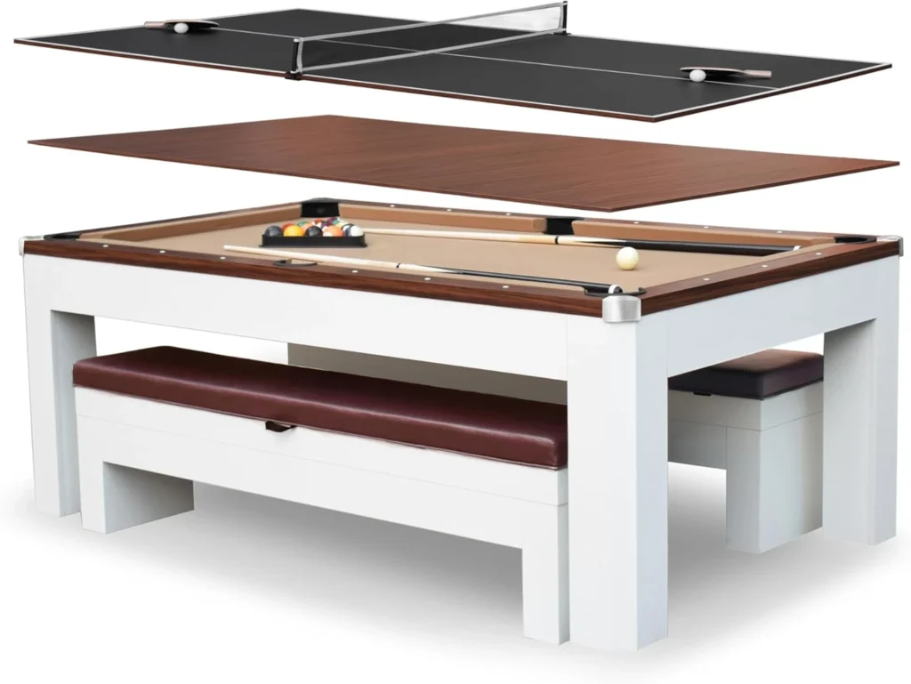 Hathaway Logan 7-foot pool table combo with rustic design, dining top, and included benches for storage.