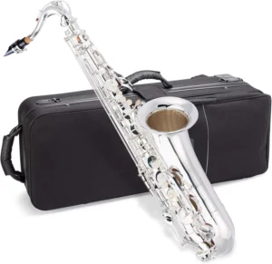 A silver-plated Jean Paul Student Tenor Saxophone with a stylish carrying case and ergonomic design for beginners.