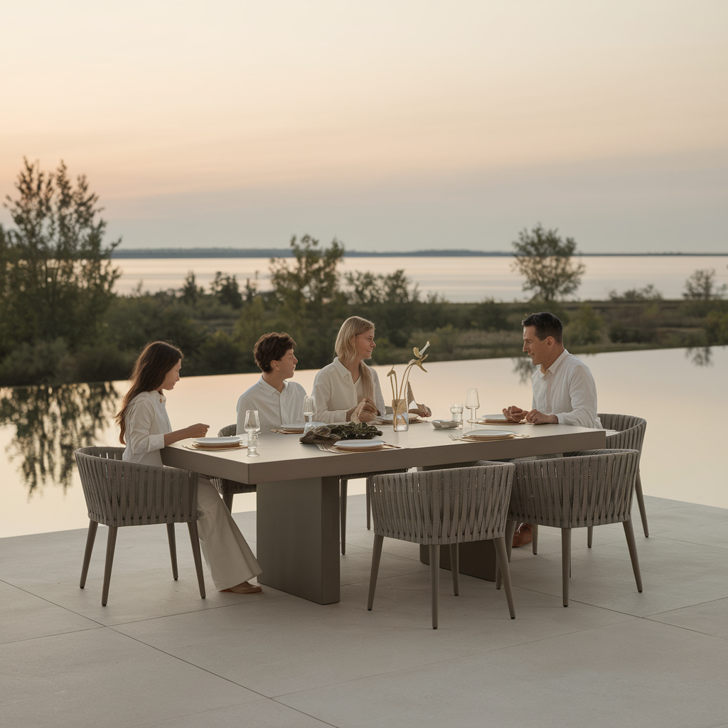 Family dining on a multifunctional pool table with a dining top in place.