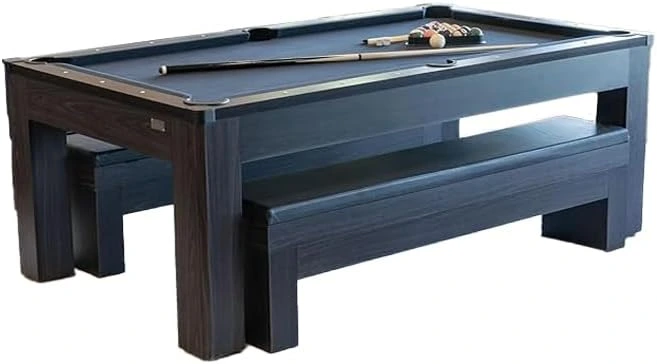 New York Nights 7-foot pool table with modern ebony finish and compact design, includes matching benches.