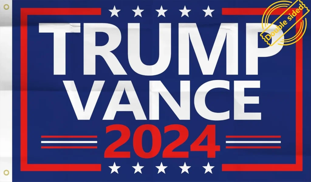 A blue Trump Vance 2024 flag with bold white text, red accents, and double-sided design, suitable for outdoor and political displays.