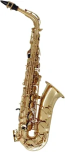 A Yamaha YAS-280 Student Alto Saxophone in gold lacquer finish, showcasing its sleek design and professional-grade craftsmanship.