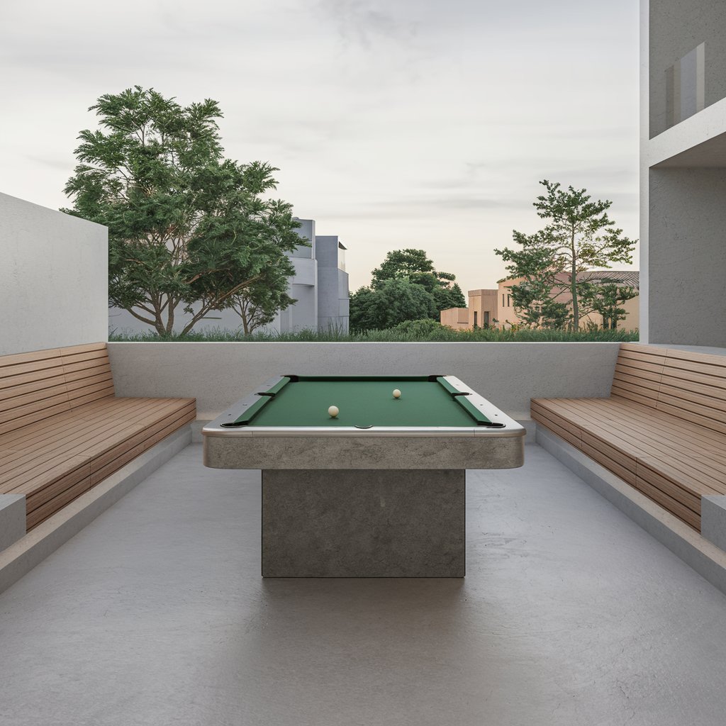 Minimalist outdoor pool table on a patio, designed with weather-resistant materials for long-lasting use.