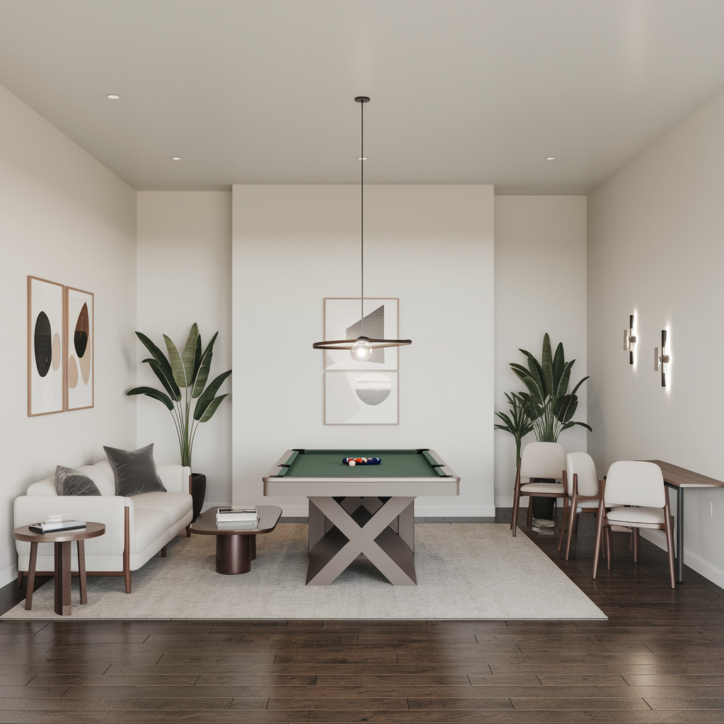 Sleek, modern dining room with a pool table that doubles as a dining table, blending with contemporary decor.