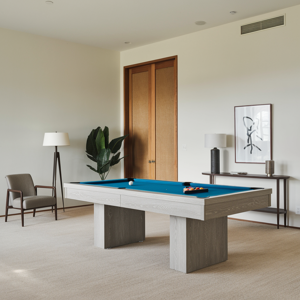 Minimalist room with a pool table dining combo, serving as a stylish and functional centerpiece.