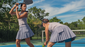 Two women playing pickleball on a sunny outdoor court, wearing pleated skirts with built-in shorts and pockets, designed for comfort and mobility.