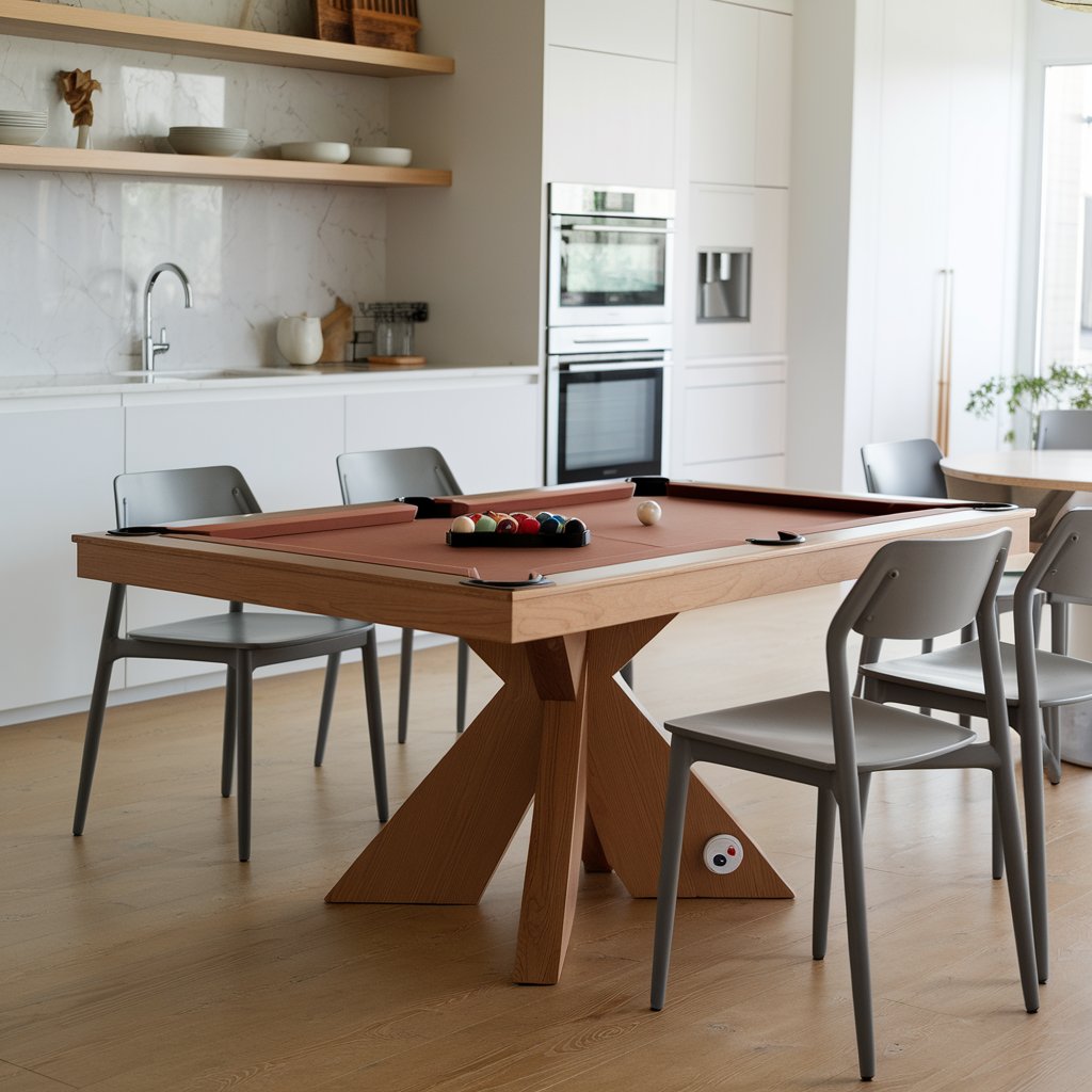 Close-up view of a pool table with a smooth, removable top in a compact kitchen.