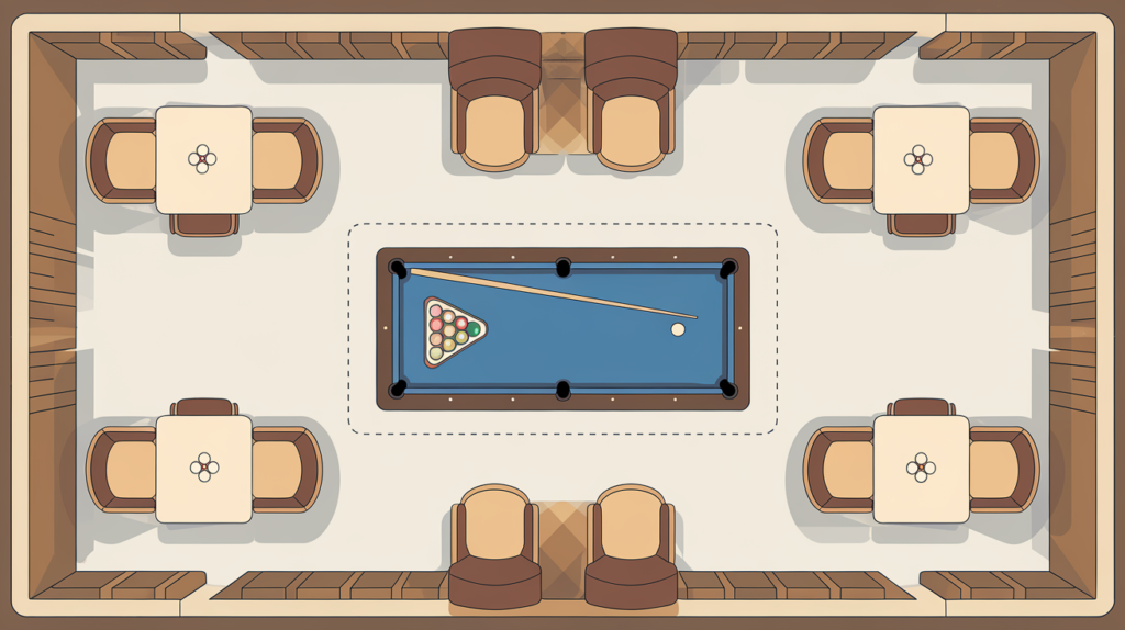 Diagram of recommended space requirements around a pool table for comfortable dining and gameplay.