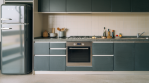 A modern kitchen with slate kitchen appliances. There's a slate refrigerator, oven, and countertop. The refrigerator and oven have stainless steel handles. The countertop has a few kitchen utensils. The backsplash is a beige tile. The floor is a light gray concrete.